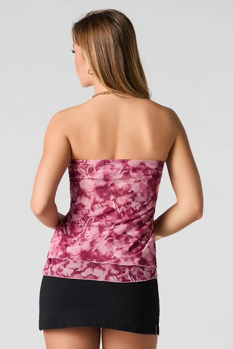 Floral Mesh Front Drawstring Tube Top