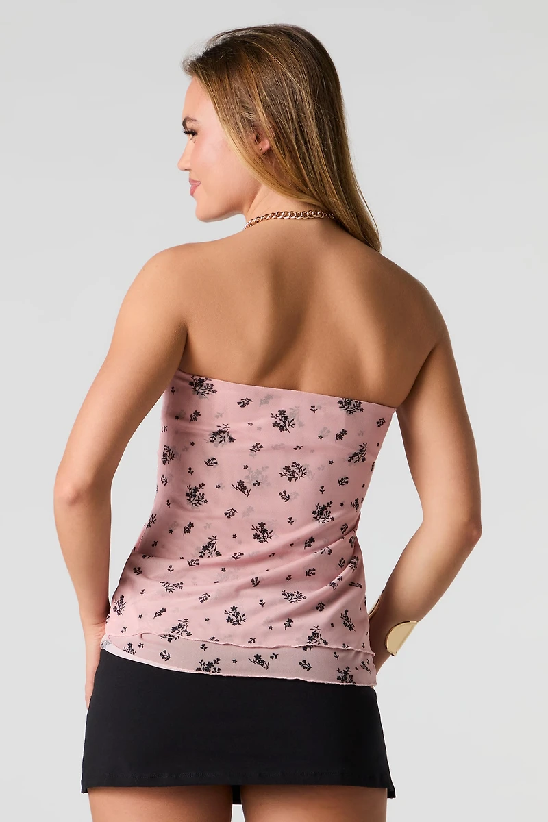 Floral Mesh Front Drawstring Tube Top