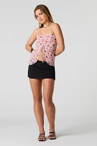 Floral Mesh Front Drawstring Tube Top