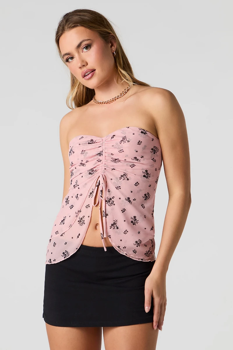 Floral Mesh Front Drawstring Tube Top