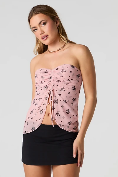 Floral Mesh Front Drawstring Tube Top