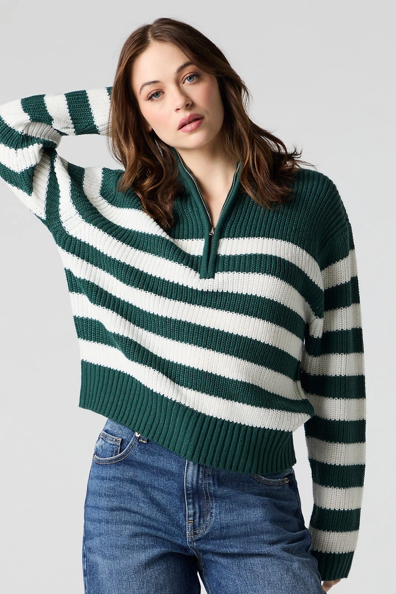 Striped Knit Quarter Zip Sweater