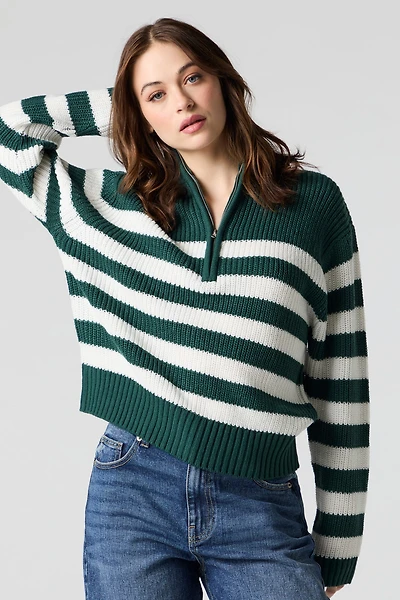 Striped Knit Quarter Zip Sweater