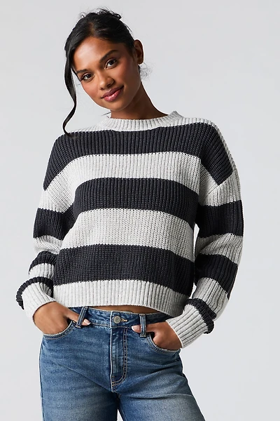 Striped Knit High Neck Sweater
