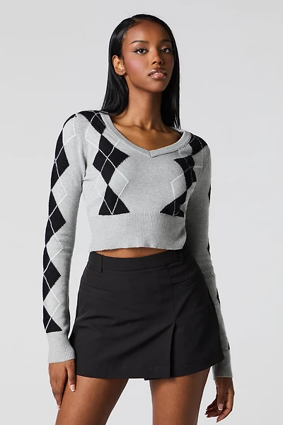 Cropped V-Neck Argyle Sweater