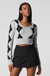Cropped V-Neck Argyle Sweater