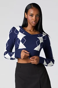 Cropped V-Neck Argyle Sweater
