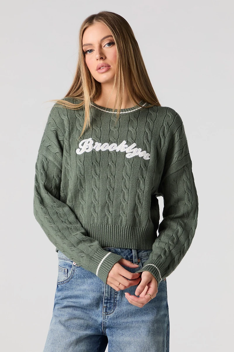 Embroidered Cable Knit Sweater