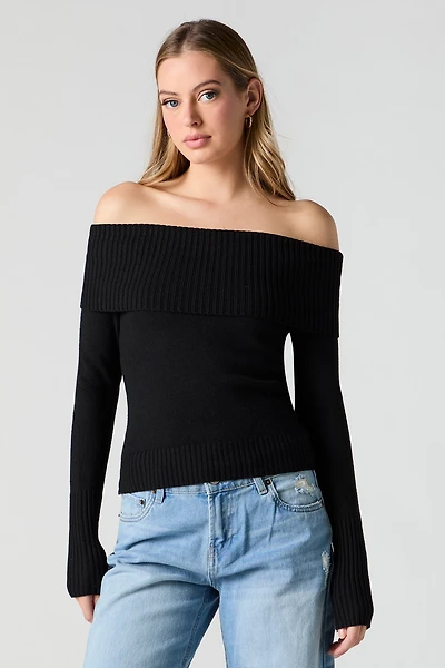 Foldover Off Shoulder Knit Sweater