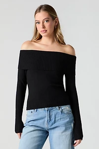 Foldover Off Shoulder Knit Sweater