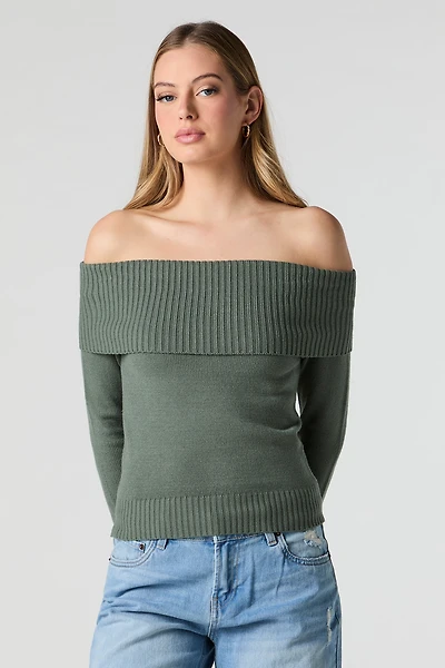 Foldover Off Shoulder Knit Sweater