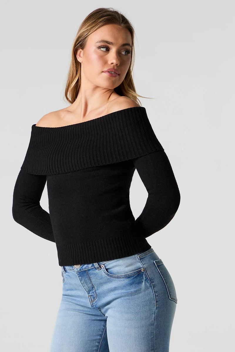 Foldover Off Shoulder Knit Sweater