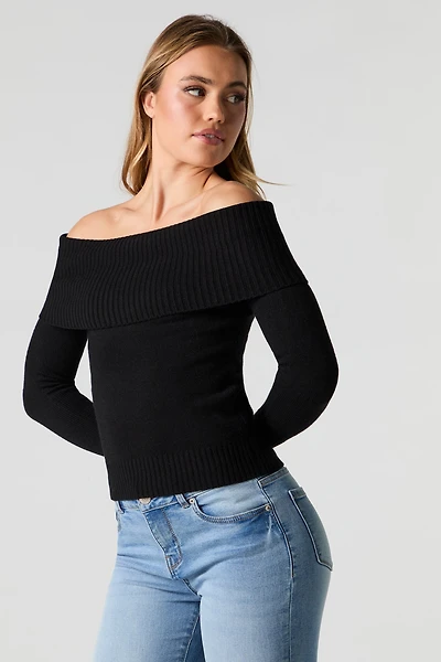 Foldover Off Shoulder Knit Sweater