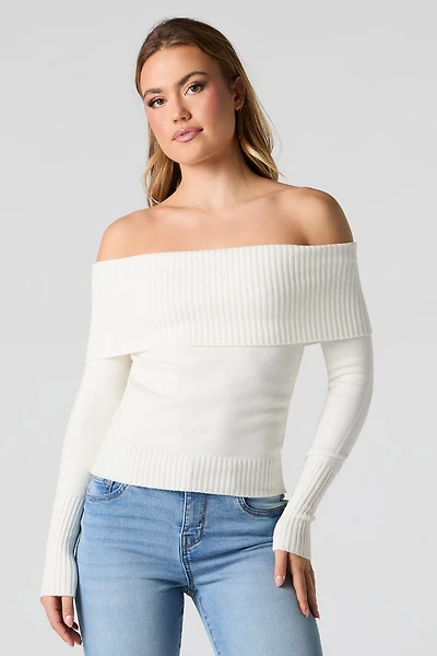 Foldover Off Shoulder Knit Sweater