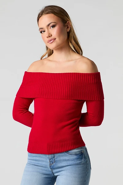 Foldover Off Shoulder Knit Sweater