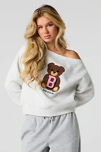 Embroidered Off Shoulder Fleece Sweatshirt