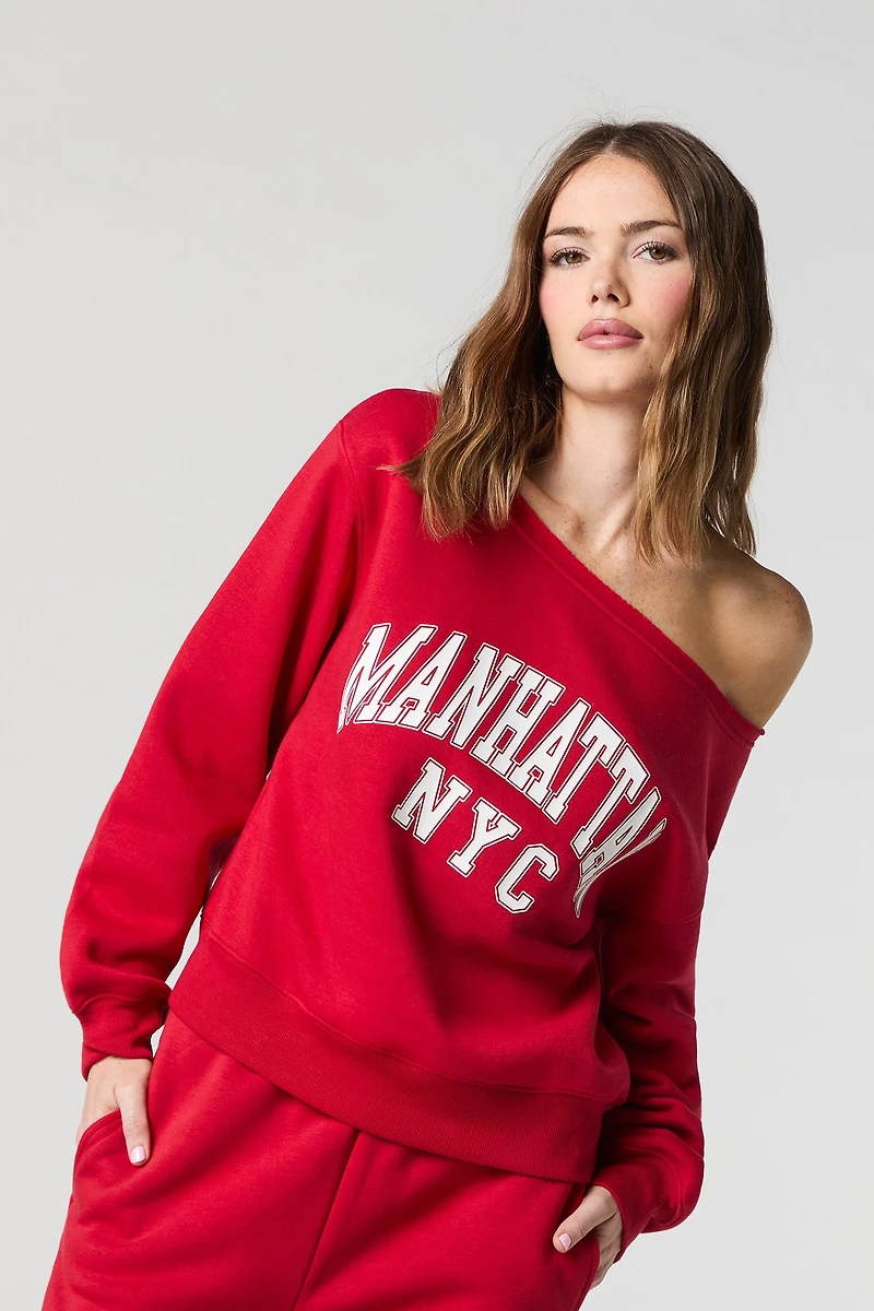 HD Print Off Shoulder Fleece Sweatshirt