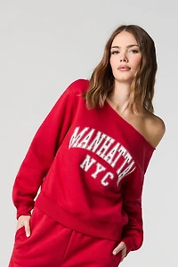 HD Print Off Shoulder Fleece Sweatshirt