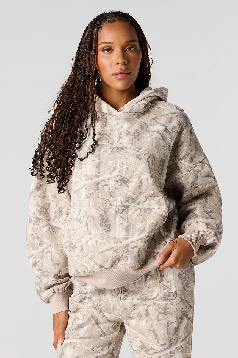 Camo Print Boxy Fleece Hoodie