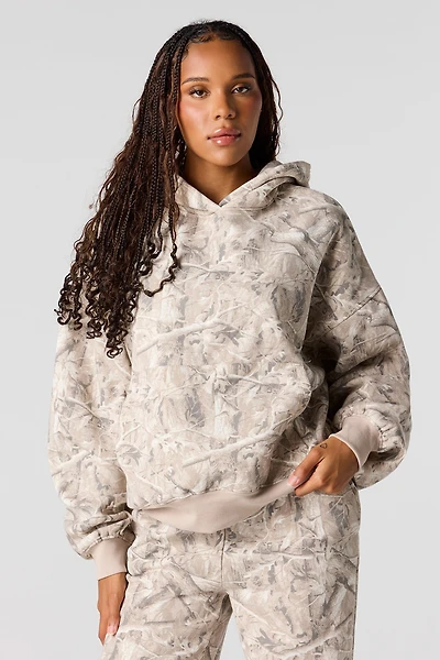 Camo Print Boxy Fleece Hoodie