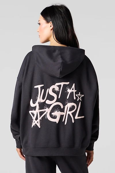 Just A Girl Puff Print Oversized Fleece Hoodie