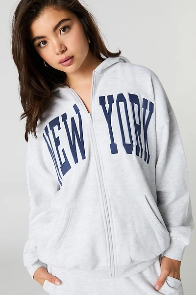 Oversized Twill Embroidered Zip-Up Hoodie