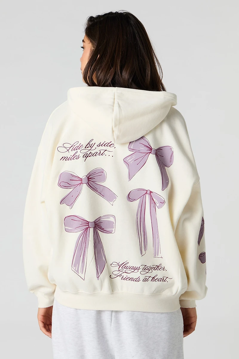 Oversized Bow Graphic Zip-Up Hoodie