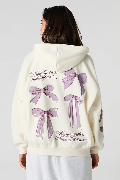 Oversized Bow Graphic Zip-Up Hoodie