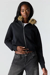 Luxe Fleece Fur Trim Boyfriend Zip Hoodie