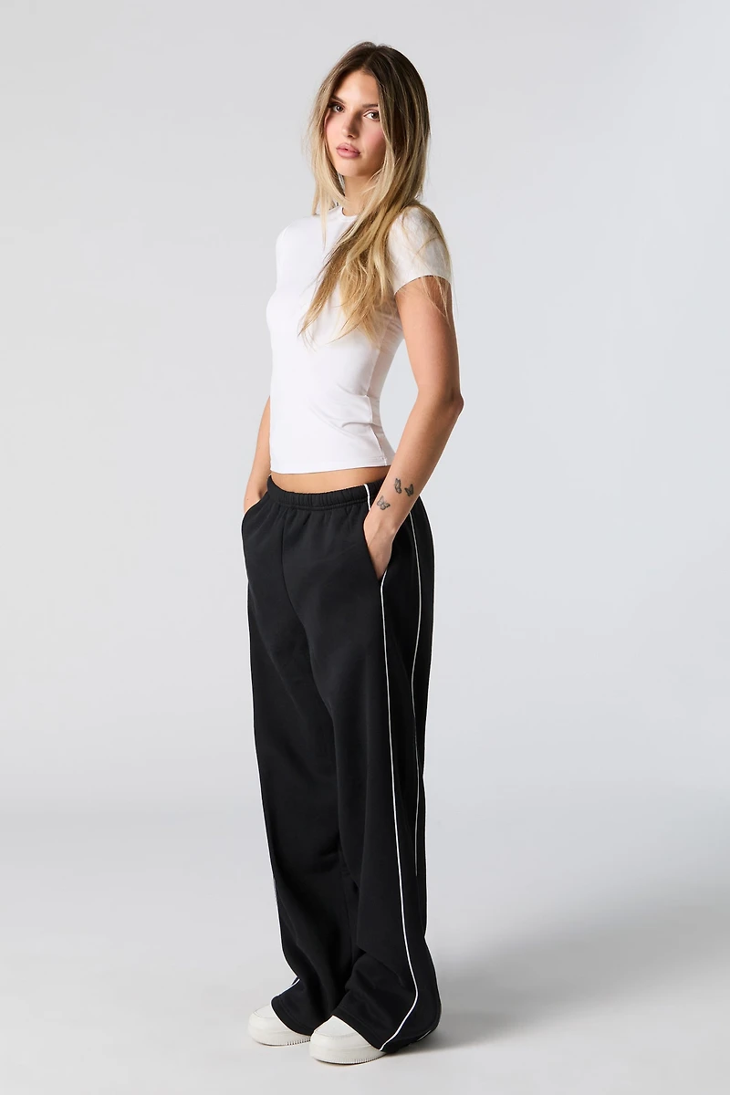 Piping Detail Wide Leg Fleece Sweatpant