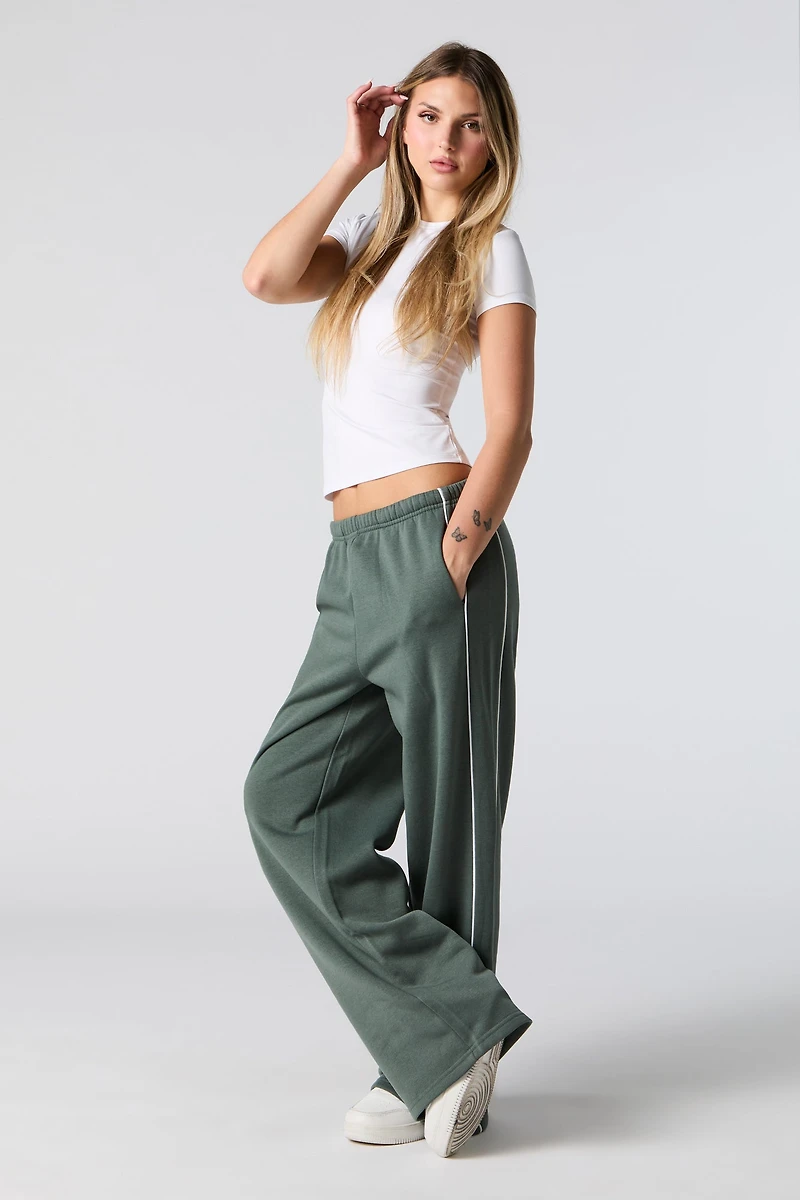 Piping Detail Wide Leg Fleece Sweatpant