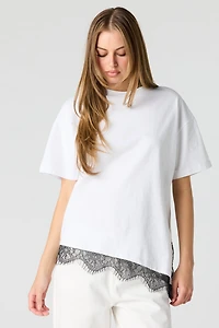 T-shirt carré en coton lourd de luxe avec liséré dentelle