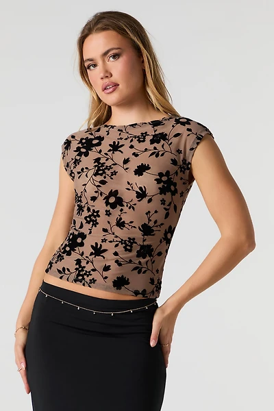 Haut en filet floqué à imprimé floral