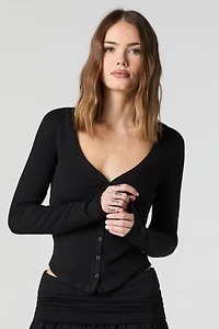 Ribbed Button-Up Long Sleeve Cardigan