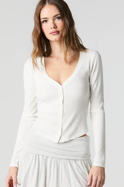 Cardigan côtelé boutonné à manche longue