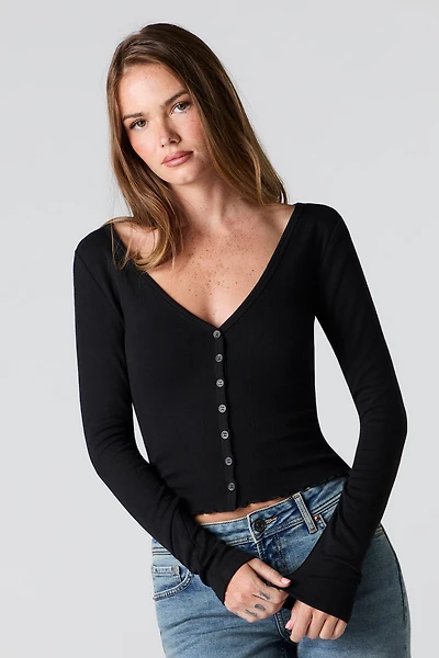 Pointelle V-Neck Button-Up Top