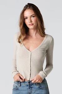 Pointelle V-Neck Button-Up Top