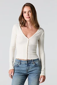 Pointelle V-Neck Button-Up Top