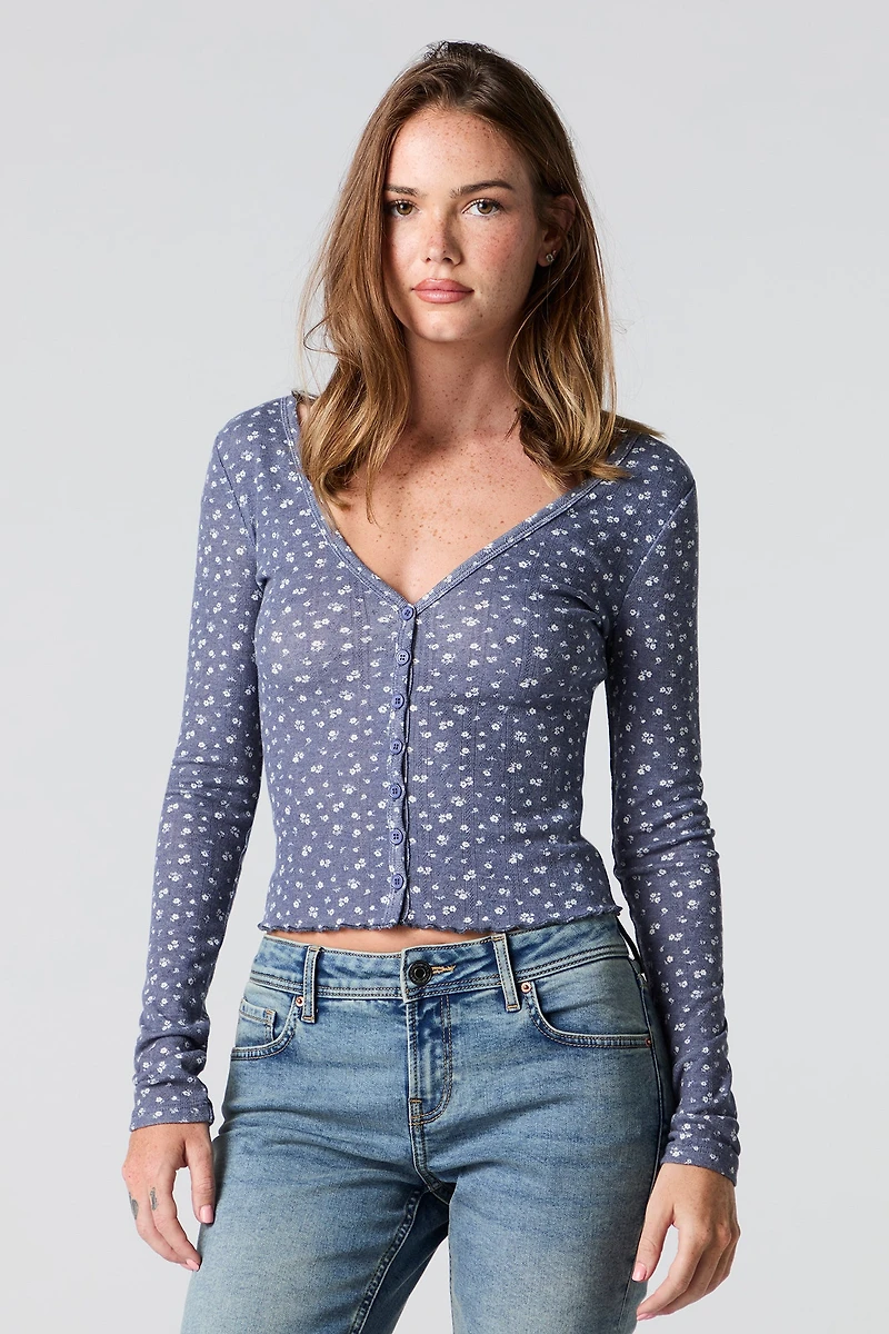 Pointelle V-Neck Button-Up Top