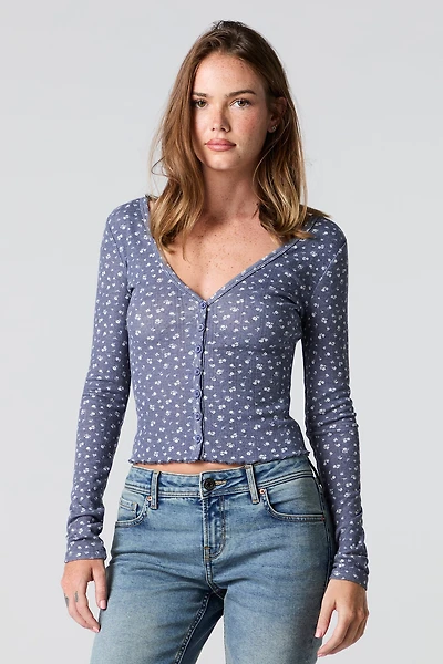Pointelle V-Neck Button-Up Top