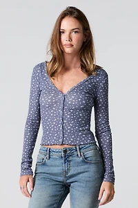 Pointelle V-Neck Button-Up Top