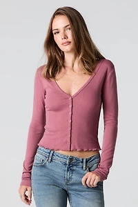 Pointelle V-Neck Button-Up Top