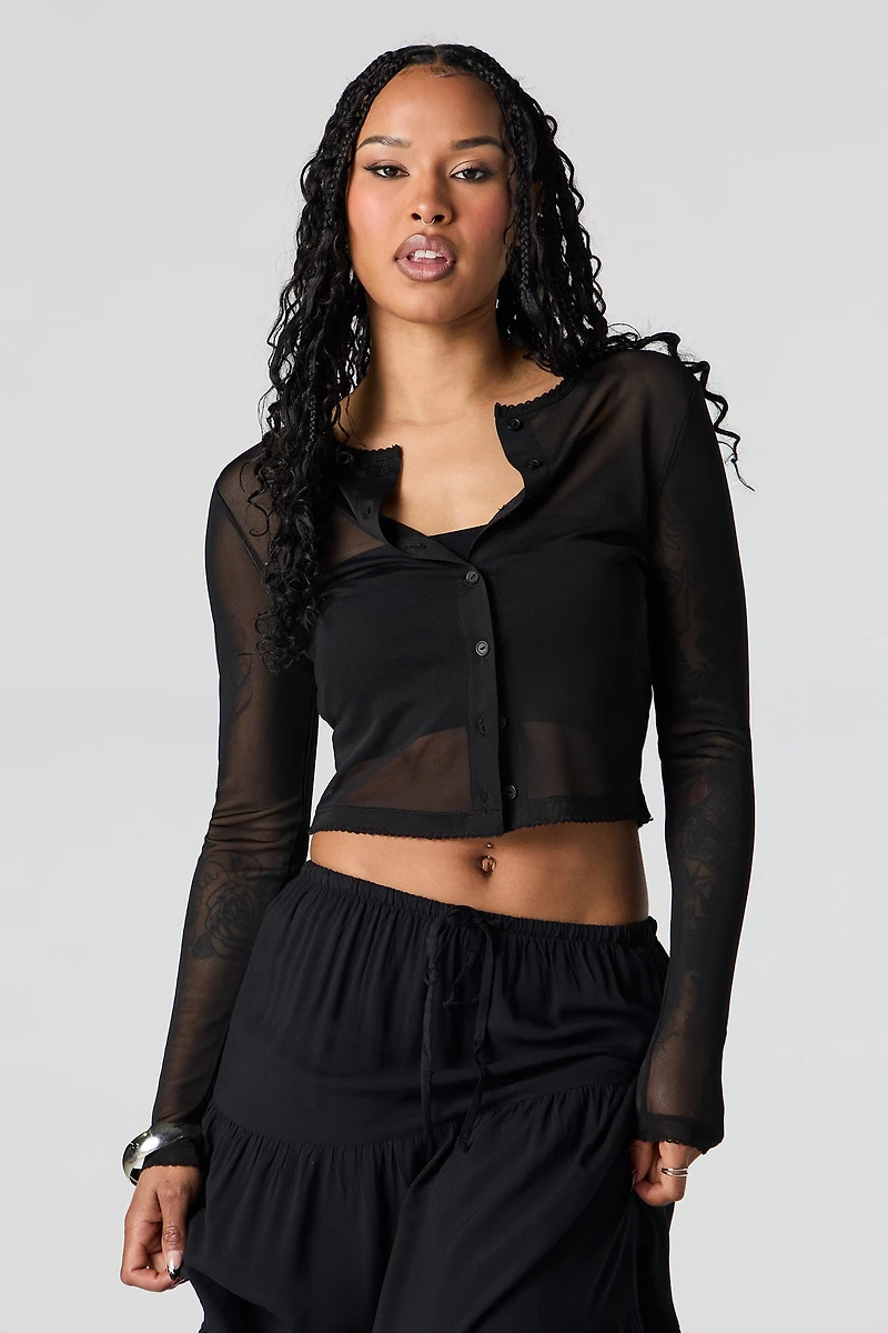 Mesh Cropped Button-Up Top