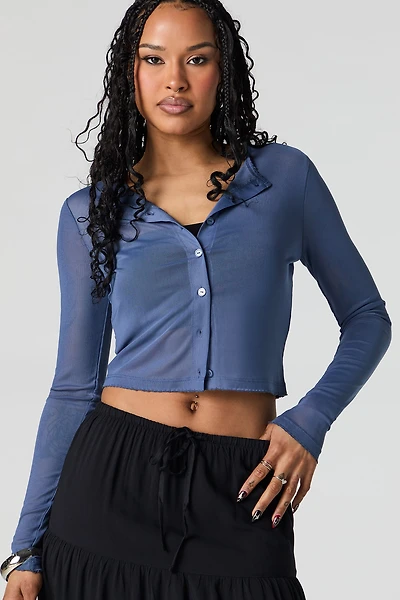Mesh Cropped Button-Up Top