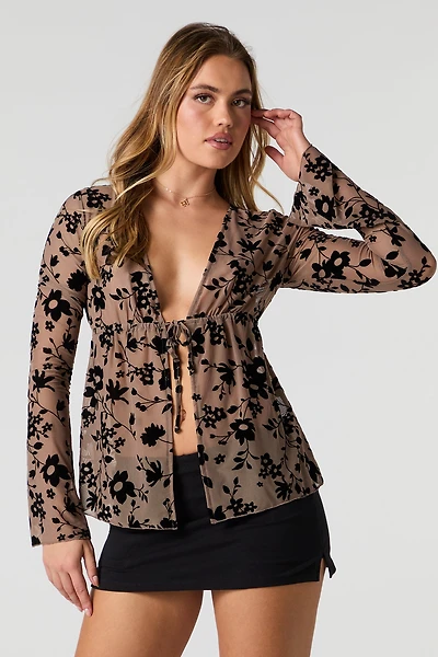 Haut en filet floqué à imprimé floral manche longue avec attache
