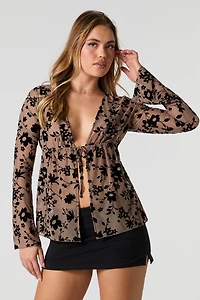 Flocked Floral Mesh Self-Tie Long Sleeve Top