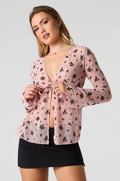 Flocked Floral Mesh Self-Tie Long Sleeve Top