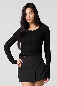 Ribbed Button-Up Long Sleeve Top