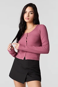 Ribbed Button-Up Long Sleeve Top