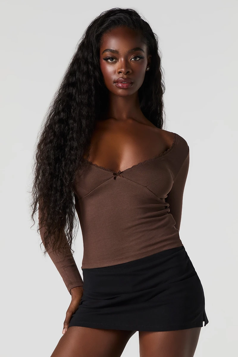 Lace Trim V-Neck Long Sleeve Top